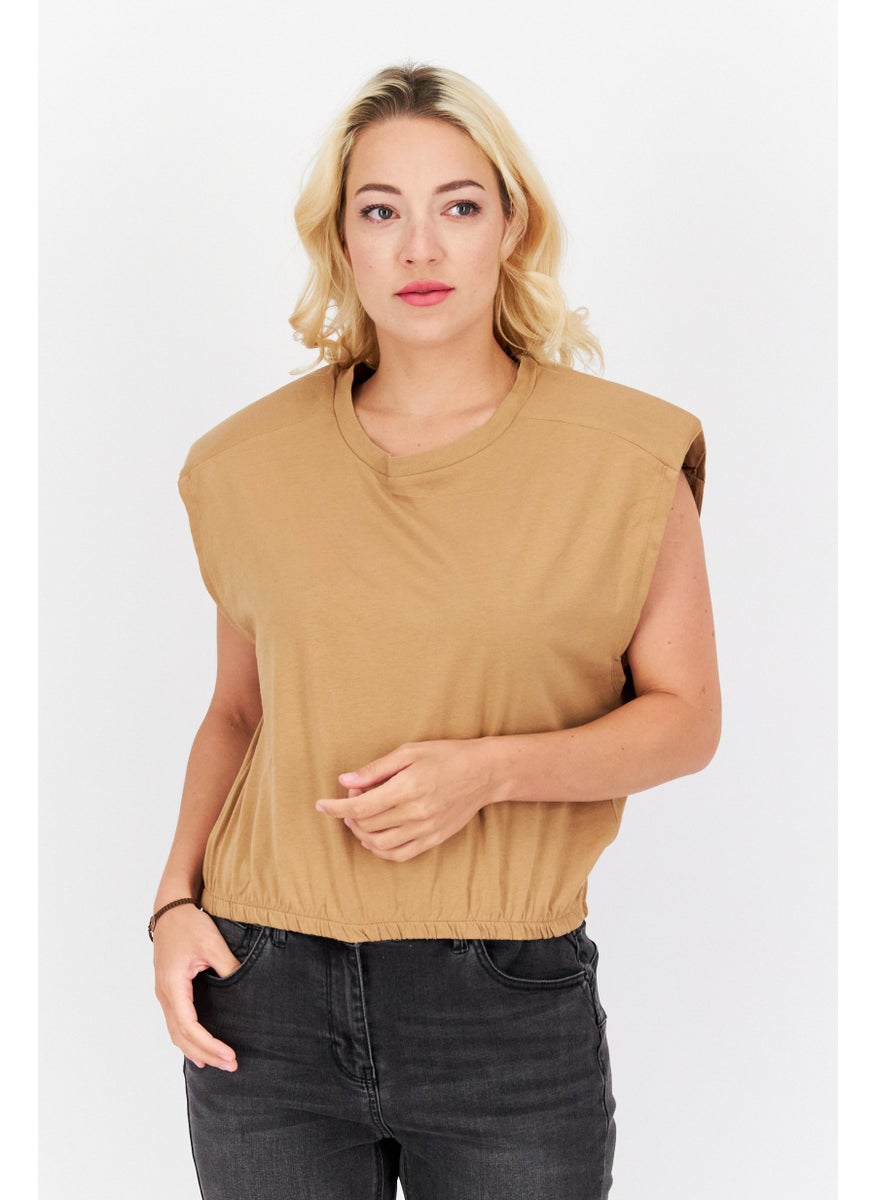NOISY MAY Women Round Neck Cap Sleeves Plain Top, Brown  - Image 1