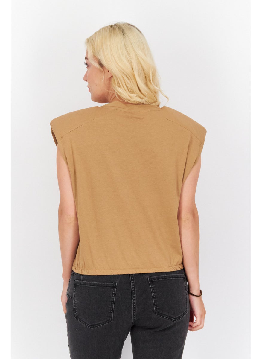 NOISY MAY Women Round Neck Cap Sleeves Plain Top, Brown  - Image 2