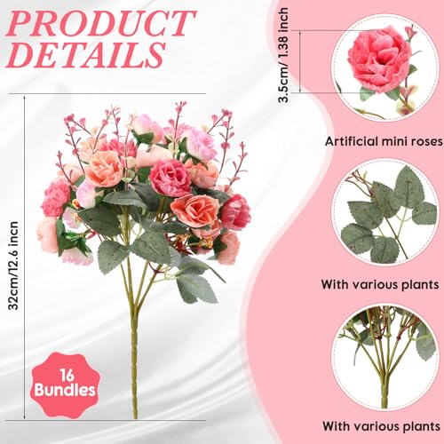 Geosar 16 Pcs Rose Artificial Flowers Fake Flowers Bouquet 21 Heads Silk Faux Floral Bundles with Stem for Home Bridal Wedding Arrangements Table Centerpieces Party Decor Pink - Image 3