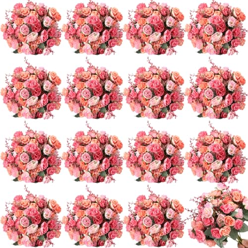 Geosar 16 Pcs Rose Artificial Flowers Fake Flowers Bouquet 21 Heads Silk Faux Floral Bundles with Stem for Home Bridal Wedding Arrangements Table Centerpieces Party Decor Pink - Image 1