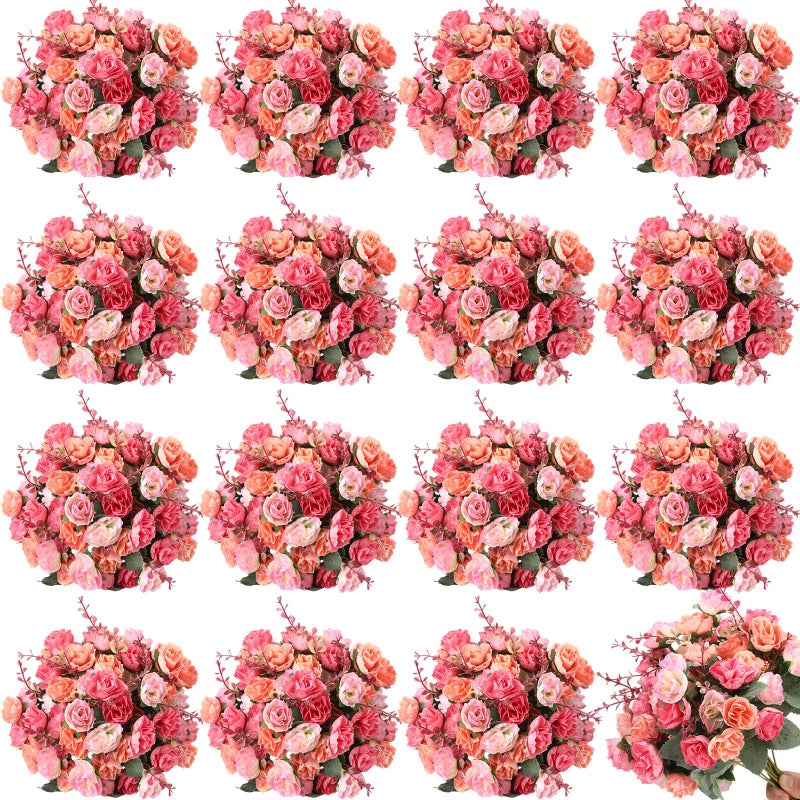 Geosar 16 Pcs Rose Artificial Flowers Fake Flowers Bouquet 21 Heads Silk Faux Floral Bundles with Stem for Home Bridal Wedding Arrangements Table Centerpieces Party Decor Pink - Image 2