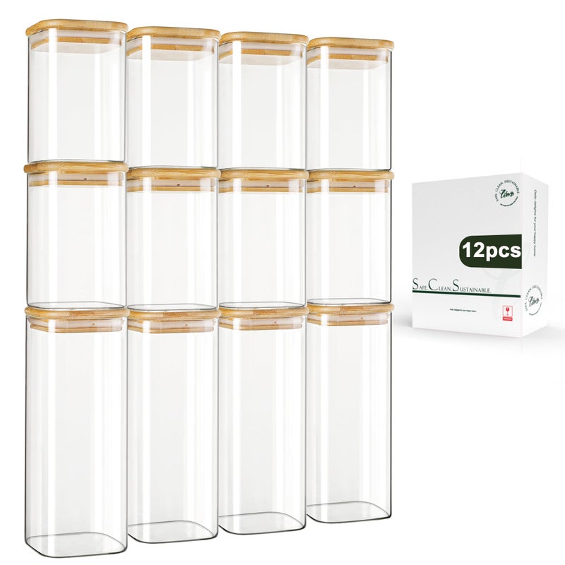 LIBWYS 12-Pack Square Glass Storage Jars with Bamboo Lids (0.6Qt/1.06Qt) - Stackable Food Containers for Pantry Organization, Coffee, Flour, Snacks, Tea | Kitchen Canisters Set - Image 1
