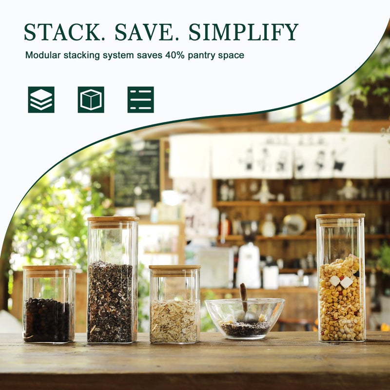 LIBWYS 12-Pack Square Glass Storage Jars with Bamboo Lids (0.6Qt/1.06Qt) - Stackable Food Containers for Pantry Organization, Coffee, Flour, Snacks, Tea | Kitchen Canisters Set - Image 4