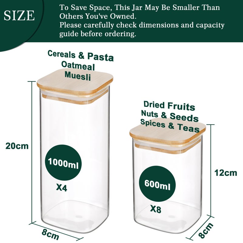 LIBWYS 12-Pack Square Glass Storage Jars with Bamboo Lids (0.6Qt/1.06Qt) - Stackable Food Containers for Pantry Organization, Coffee, Flour, Snacks, Tea | Kitchen Canisters Set - Image 2