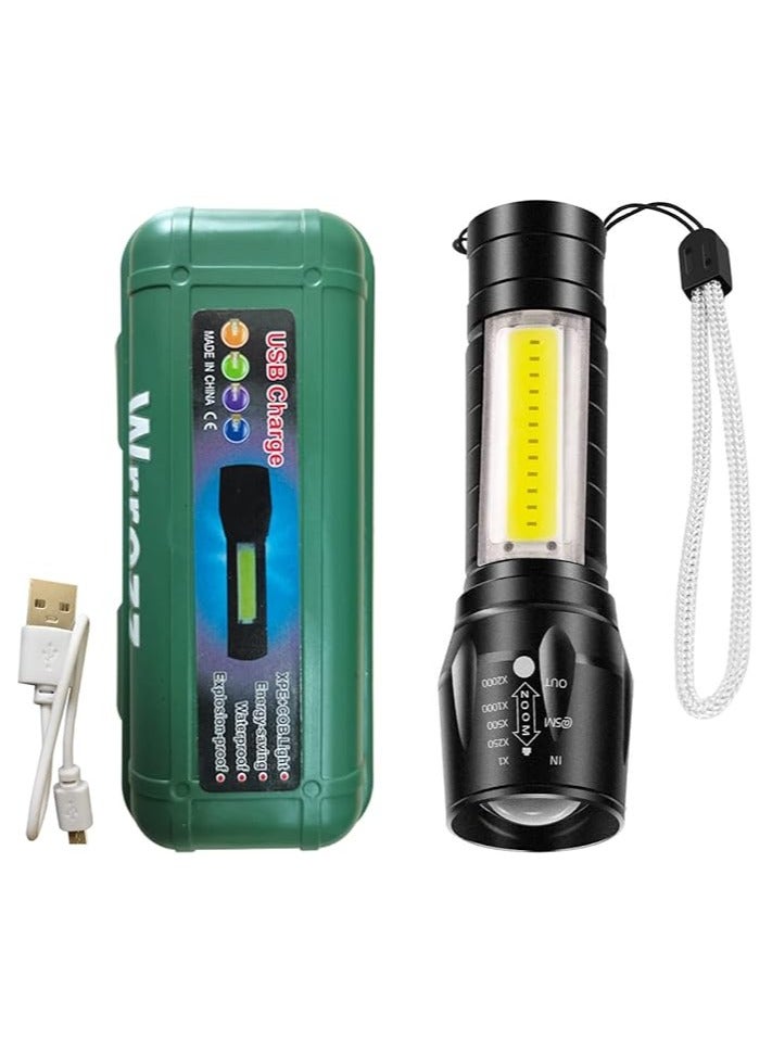Wrrozz COB LED Flashlight Rechargeable Torch Zoom Flashlight Built-in Battery+USB Cable (1 Pack) - Image 1