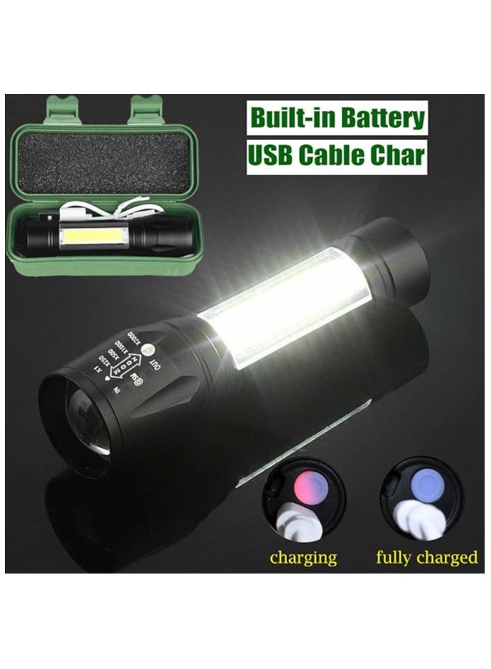 Wrrozz COB LED Flashlight Rechargeable Torch Zoom Flashlight Built-in Battery+USB Cable (1 Pack) - Image 3