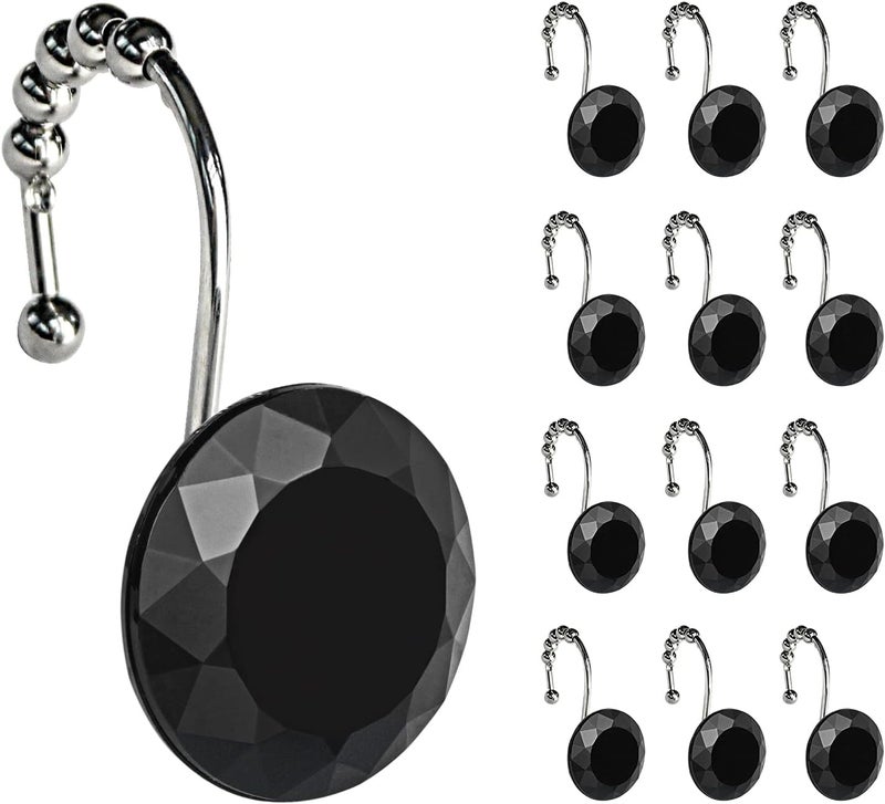 Sunlit Luxury Design Round Black Diamond Crystal Gem Bling with Glide Balls Shower Curtain Hooks, Rust Proof Metal Rhinestones Glam Shower Curtain Rings-12 Pack - Image 1