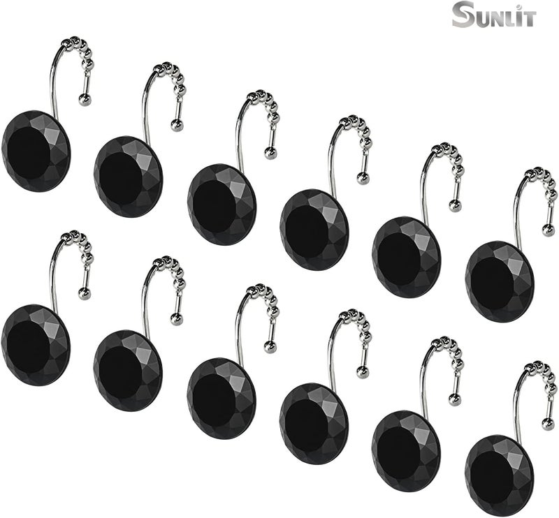 Sunlit Luxury Design Round Black Diamond Crystal Gem Bling with Glide Balls Shower Curtain Hooks, Rust Proof Metal Rhinestones Glam Shower Curtain Rings-12 Pack - Image 3