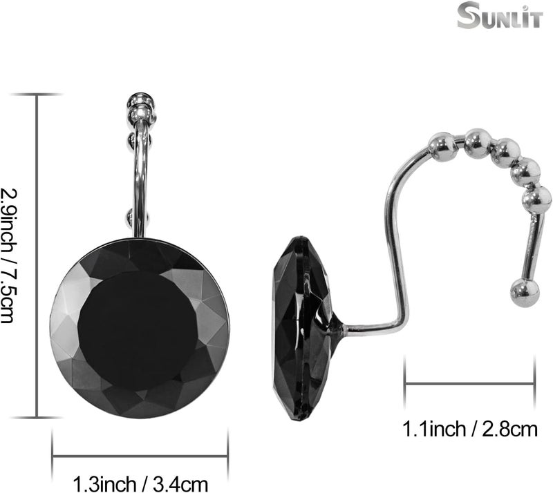 Sunlit Luxury Design Round Black Diamond Crystal Gem Bling with Glide Balls Shower Curtain Hooks, Rust Proof Metal Rhinestones Glam Shower Curtain Rings-12 Pack - Image 2