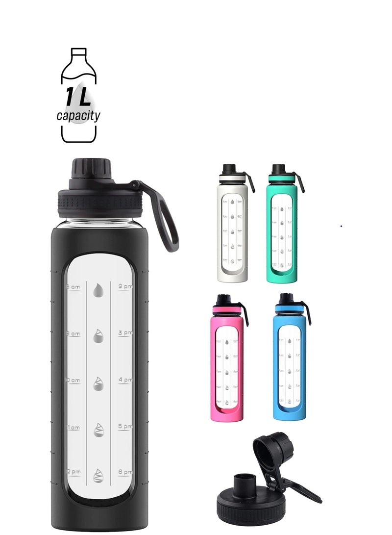 Y&D 32 oz Glass Water Bottle with Time Marks and Silicone Sleeve - Flip Lid, Motivational Bottles for Hydration, Reusable, Wide Mouth, Leakproof, 1 Liter Drinking Bottle, BPA Free  - Image 1