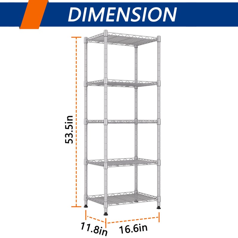 REGILLER 5-Wire Shelving Metal Storage Rack Adjustable Shelves,Standing Storage Shelf Units for Laundry Bathroom Kitchen Pantry Closet(Silver,11.8" D x 16.6" W x 53.5" H) - Image 4