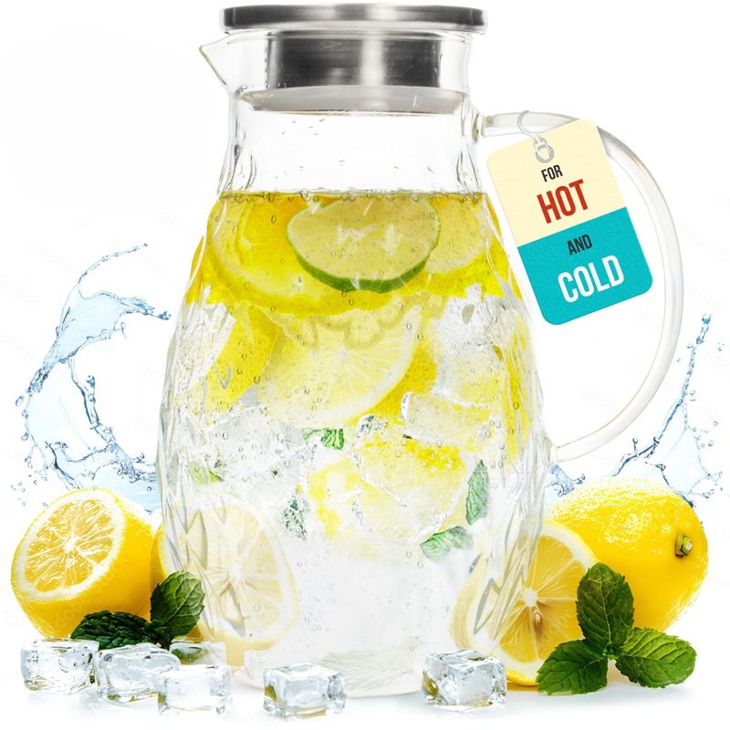 Glass Pitcher with Lid and Spout  2 Liter  68 oz Borosilicate Glass wHandle  Carafe for HotCold Beverages  Water Jug  Iced Tea Pitcher  Juice Server  by PJCKitchen