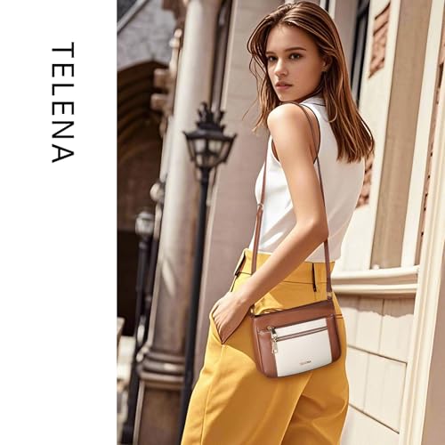 Telena حقائب تلينا الكروس بودي للنساء، حقيبة جلدية مع حزام قابل للتعديل (بيج مع بني، كبير جداً) - Image 2