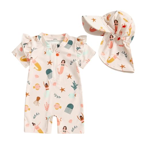 Lucikamy Infant Baby Boy Girls One Piece Swimsuit Short Sleeve Zipper Rash Guard Swimwear Toddler Bathing Suits Beachwear (Beige, 3-6 Months) - Image 1