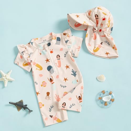 Lucikamy Infant Baby Boy Girls One Piece Swimsuit Short Sleeve Zipper Rash Guard Swimwear Toddler Bathing Suits Beachwear (Beige, 3-6 Months) - Image 2