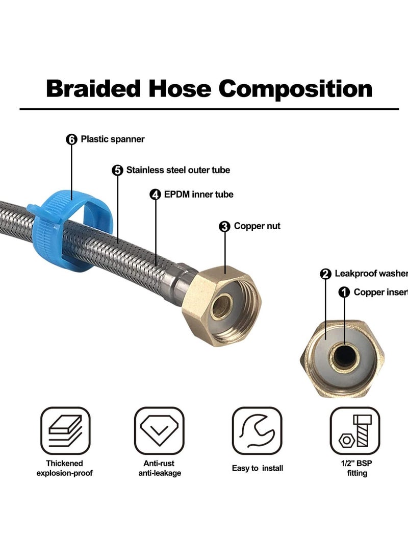 FIRST PRO Pack of 2 Flexible Pipe Stainless Steel Braided Hose for Toilet/Taps 1/2" x 1/2" BSP 60cm Long - Image 3
