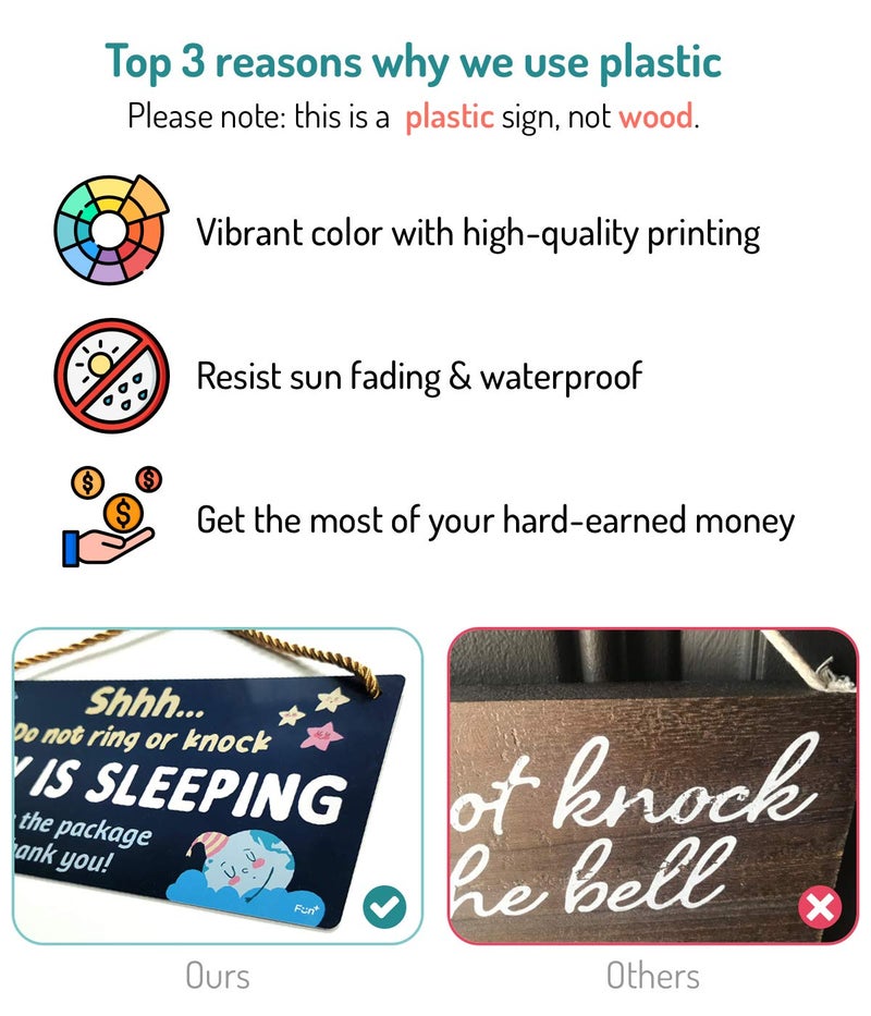Fun-Plus Baby Sleeping Sign for Front Door - Do Not Knock or Ring - 10″x5″ PVC Plastic Hanging Sign，Please do not knock or ring the bell, it upsets the dog, which upsets the baby, which upsets mom - Image 3