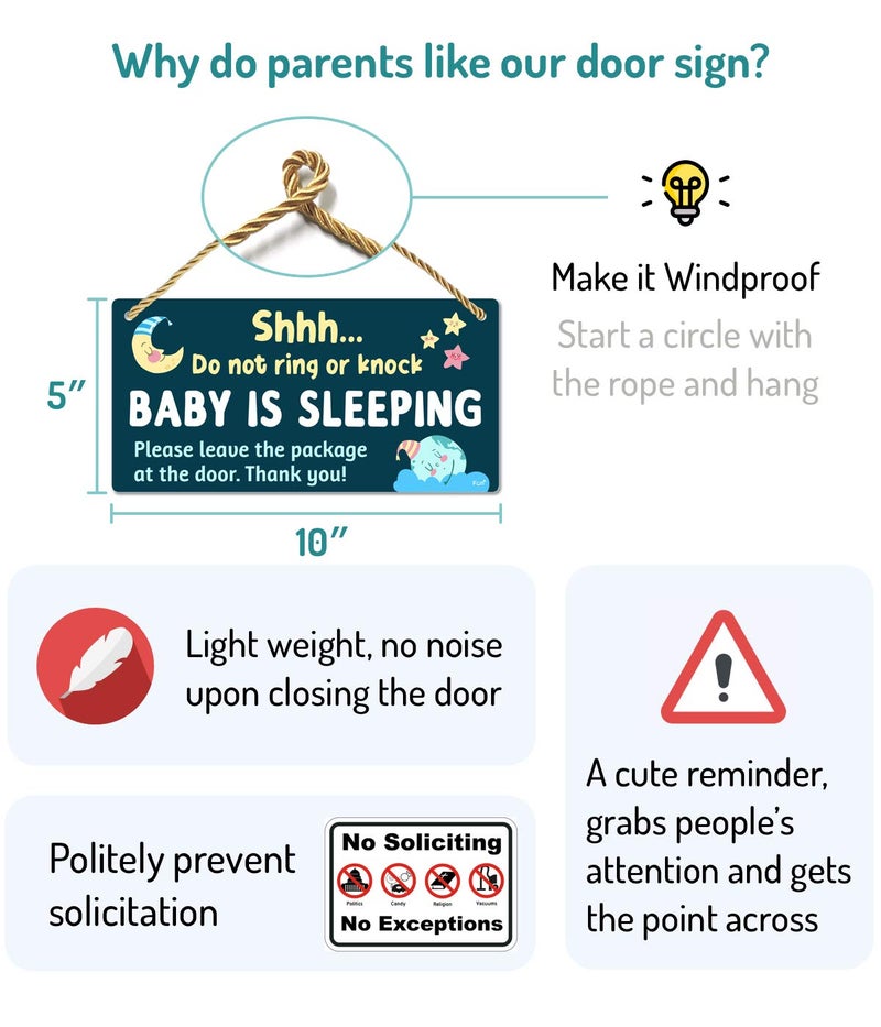 Fun-Plus Baby Sleeping Sign for Front Door - Do Not Knock or Ring - 10″x5″ PVC Plastic Hanging Sign，Please do not knock or ring the bell, it upsets the dog, which upsets the baby, which upsets mom - Image 2