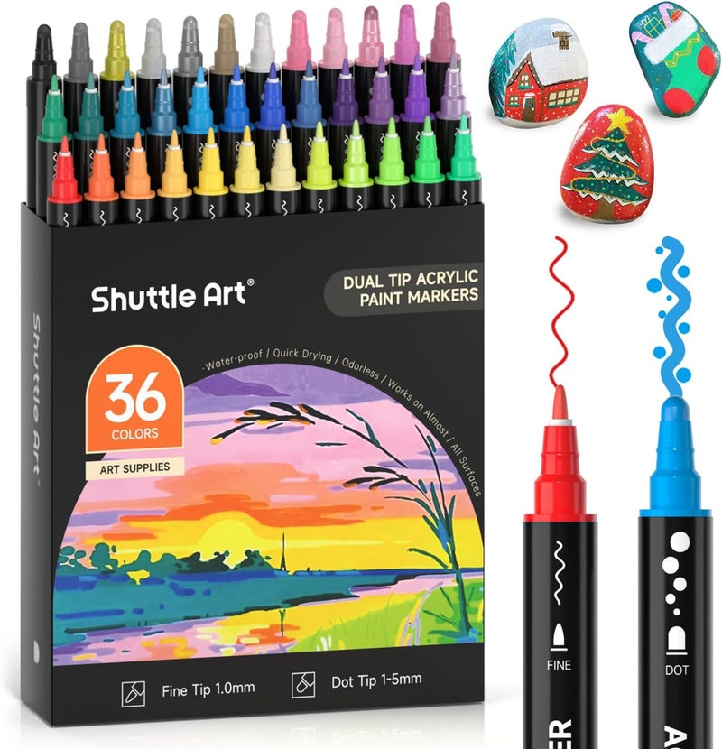 Shuttle Art Dual Tip Acrylic Paint Pens, 36 Colors Dot & Fine Tip Markers for Rock Painting, Ceramic, Wood, Fabric, Glass - Art Set for Kids Adults on Christmas Easter - Image 1