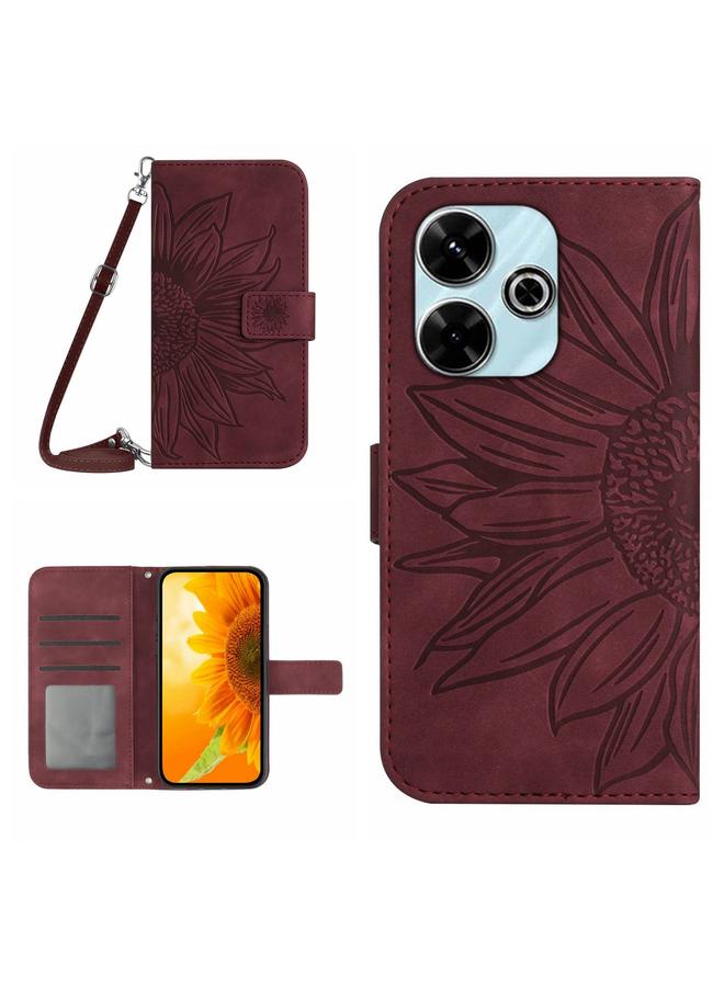 Green Tiger For Xiaomi Redmi 13 4G Global Skin Feel Sun Flower Embossed Flip Leather Phone Case with Lanyard(Wine Red)