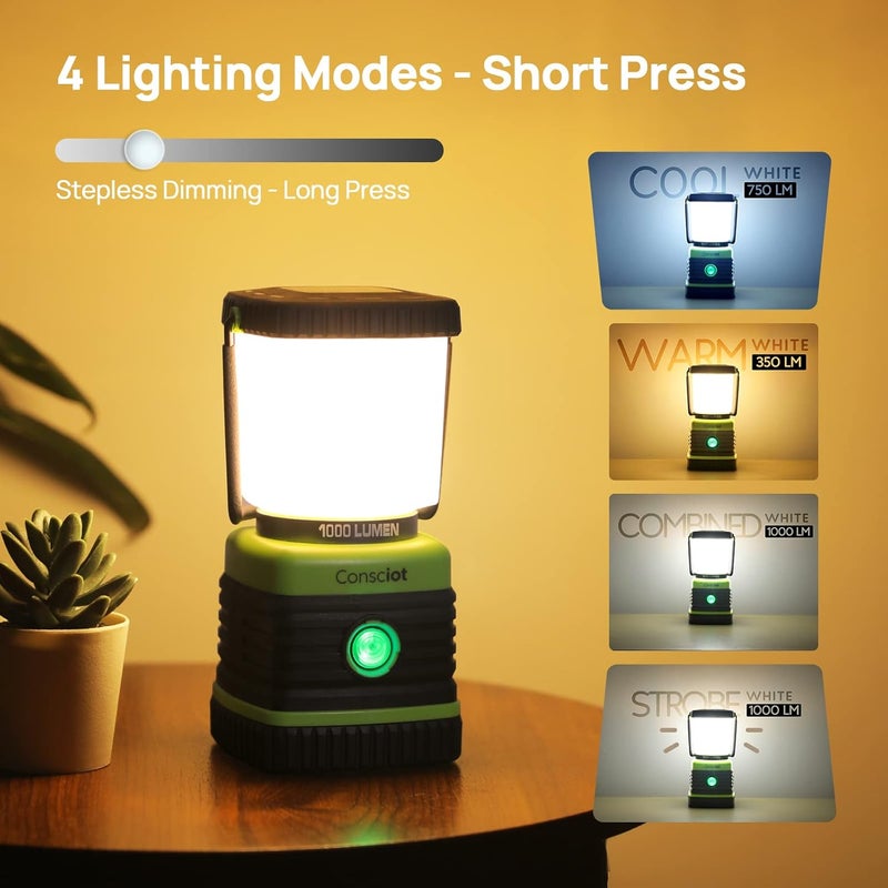 Consciot فانوس تخييم يعمل بالبطارية LED، 1000 لومن، 4 أوضاع إضاءة، مقاوم للماء IPX4، مصباح محمول للخيام لانقطاع التيار الكهربائي، الطوارئ، الأعاصير، المشي، أخضر فاتح، (عبوة من 20) - Image 2