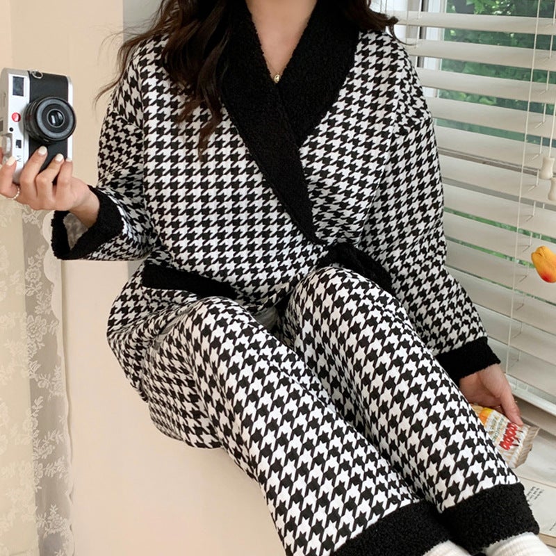 Thickened Cotton Maternity Pajamas for Nursing 3724 Grid Black 