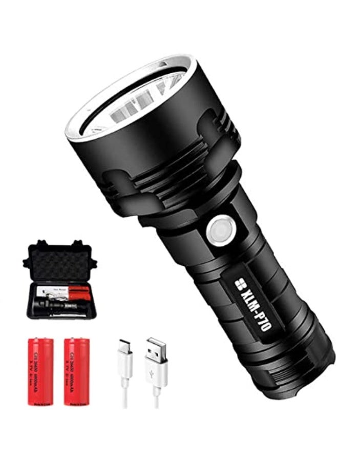 Waterproof flashlight with high light output of 30,000-100,000 lumens, XLM-P70 50W ultra-bright LED light with 3 lighting modes, rechargeable flashlight with USB port (50W XLM-P70, dual lithium batt - Image 1