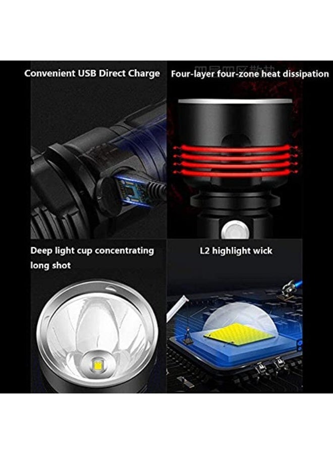 Waterproof flashlight with high light output of 30,000-100,000 lumens, XLM-P70 50W ultra-bright LED light with 3 lighting modes, rechargeable flashlight with USB port (50W XLM-P70, dual lithium batt - Image 4