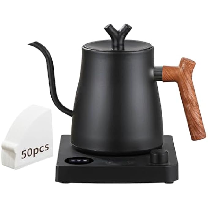 rayihni Smart Electric Gooseneck Kettle 40100 Adjustable Temp Control 36Hour Heat Retention V60 Coffee Kettle 1000W Fast Boil 1L AntiDry 50 Coffee Filters Gift Black Wood Handle - Image 1