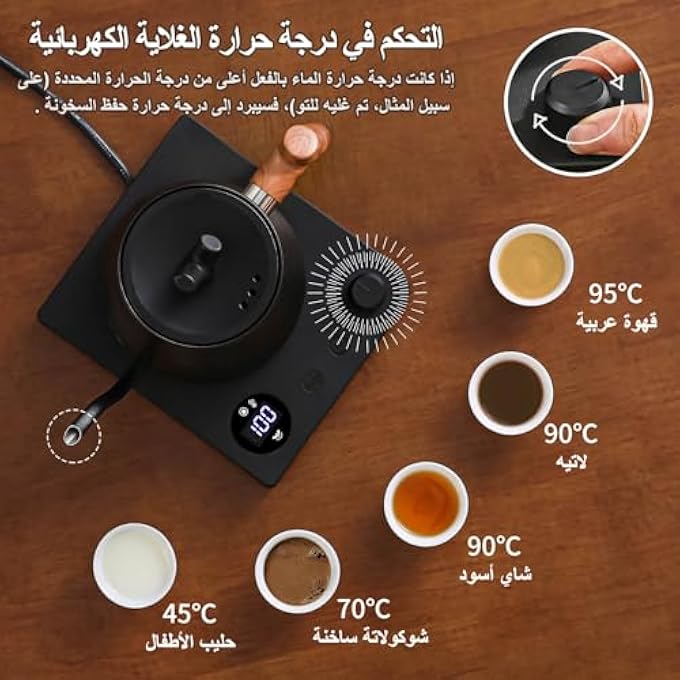 rayihni Smart Electric Gooseneck Kettle 40100 Adjustable Temp Control 36Hour Heat Retention V60 Coffee Kettle 1000W Fast Boil 1L AntiDry 50 Coffee Filters Gift Black Wood Handle - Image 4