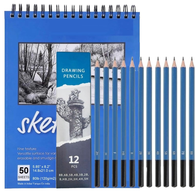 Corslet Pack of 13 Artist Pencil for Sketching Drawing Pencil Set for Artists 12 Pc Sketch Pencil 8B 6B 5B 4B 3B 2B B HB 2H 3H 4H 5H Drawing Pencils with 50 Sheets A5 Sketchbook - Image 1