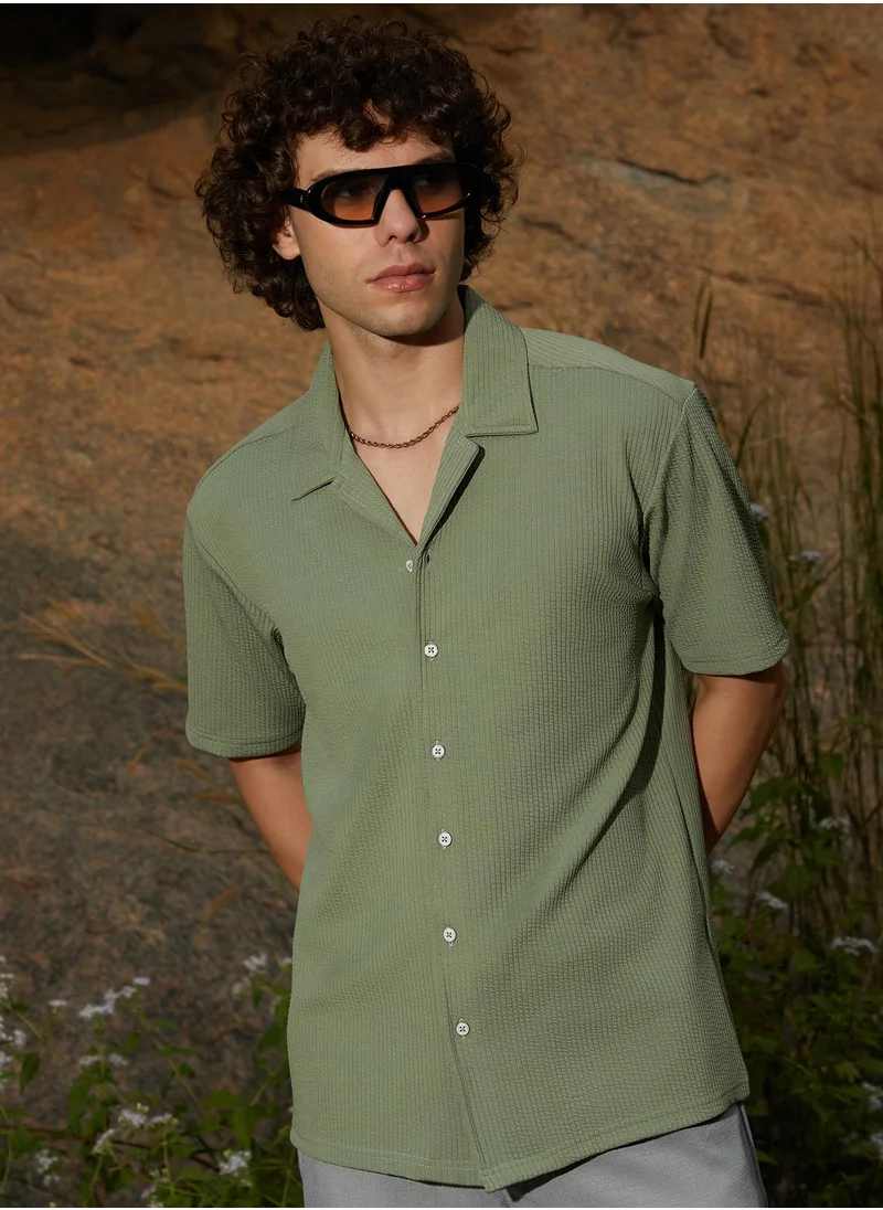 Campus Sutra Men's Fern Green Rope-Ribbed Shirt