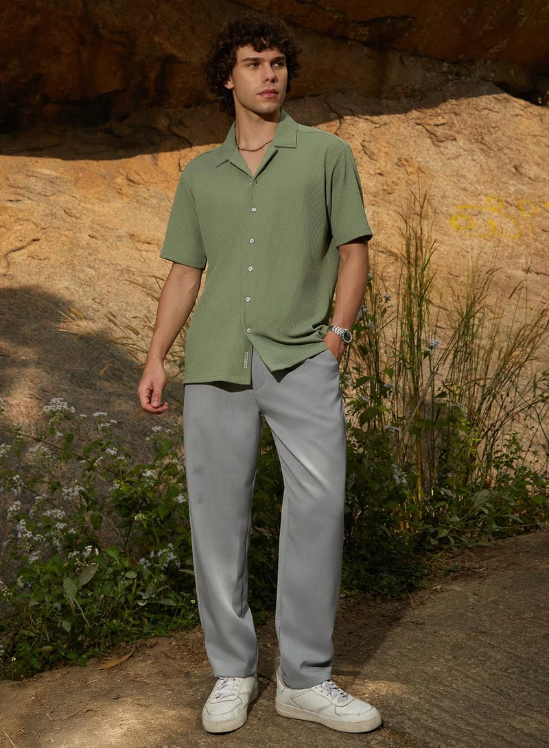 Campus Sutra Men's Fern Green Rope-Ribbed Shirt