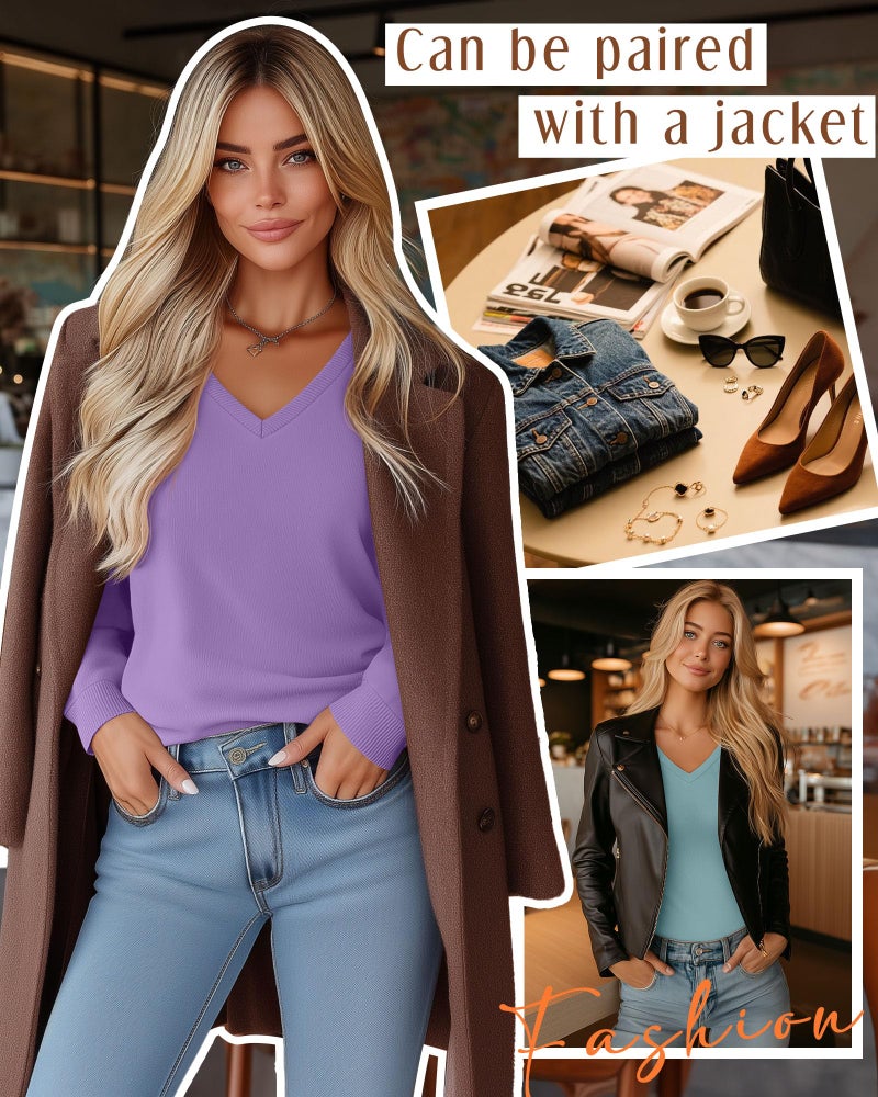 Riyiper 3 Pack Women's V Neck Sweater, Long Sleeve Lightweight Tops Casual Solid Color Pullover Loose Knit Classic Sweaters(Coffee, Purple, Gray Green,Medium) - Image 3