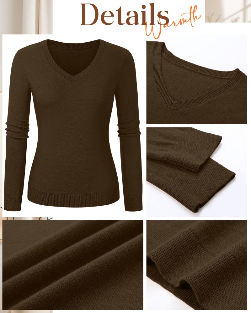 Riyiper 3 Pack Women's V Neck Sweater, Long Sleeve Lightweight Tops Casual Solid Color Pullover Loose Knit Classic Sweaters(Coffee, Purple, Gray Green,Medium) - Image 5