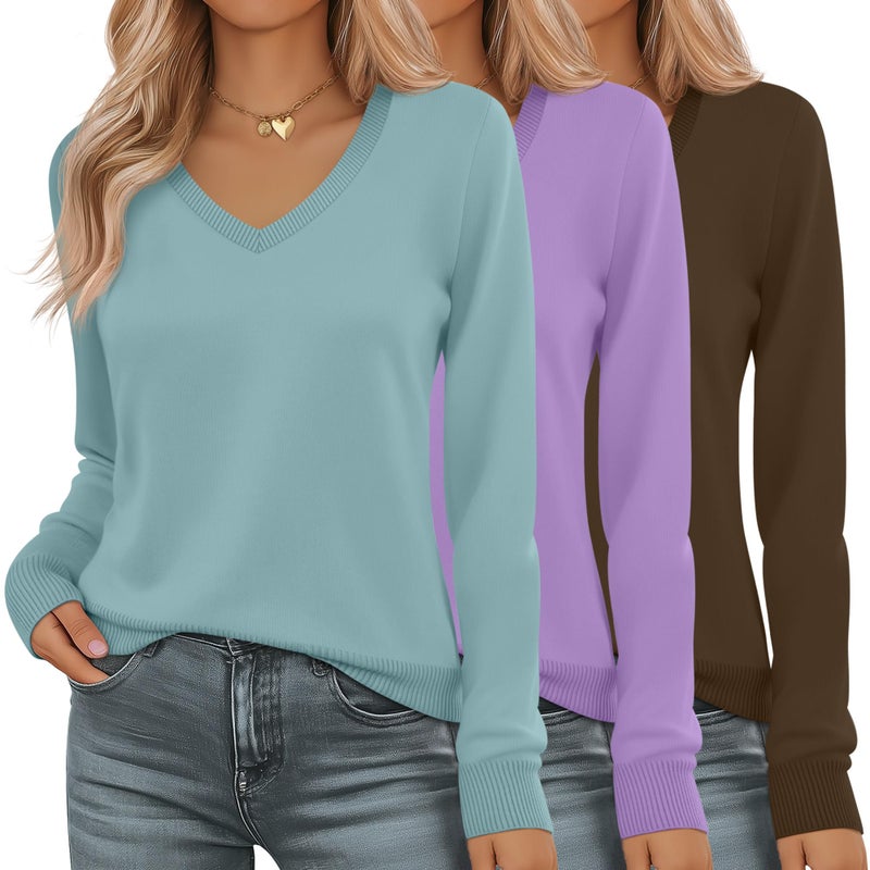 Riyiper 3 Pack Women's V Neck Sweater, Long Sleeve Lightweight Tops Casual Solid Color Pullover Loose Knit Classic Sweaters(Coffee, Purple, Gray Green,Medium) - Image 1