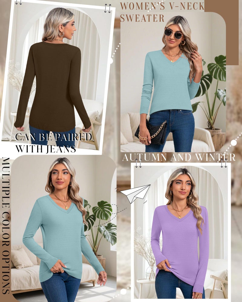 Riyiper 3 Pack Women's V Neck Sweater, Long Sleeve Lightweight Tops Casual Solid Color Pullover Loose Knit Classic Sweaters(Coffee, Purple, Gray Green,Medium) - Image 4