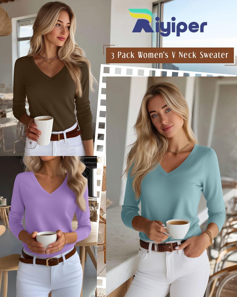 Riyiper 3 Pack Women's V Neck Sweater, Long Sleeve Lightweight Tops Casual Solid Color Pullover Loose Knit Classic Sweaters(Coffee, Purple, Gray Green,Medium) - Image 2