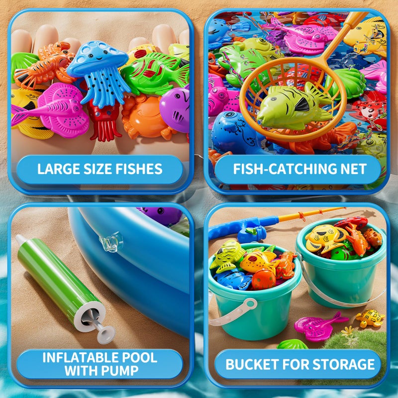 JUKUDAHU Magnet Fishing Toys Game for Kids 3-5 - Floating Fish Toys with Inflatable Kiddie Pool, Bath for Toddlers, Pole Rod Net, Outdoor Party for Boys Girls Kids Age 3 4 5 6 7 8 Year Old - Image 3