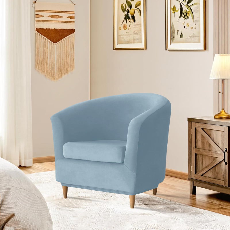 Deisy Dee 2 Piece Velvet Club Chair Slipcover Stretch Barrel Chair Covers Accent Chair Cover Removable Couch Furniture Protector Arm Chair Cover for Living Room (Babyblue) - Image 2