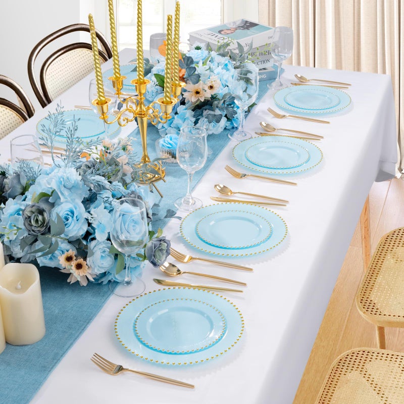 ejonirinjonir EI 60pcs Blue Plastic Plates,Dispoable Heavy Duty Plastic Plates with Gold Rim,Baby Blue 10" Dinner & 7" Dessert Plate,Fancy Elegant Plate for Party,Birthday,Afternoon Tea - Image 4