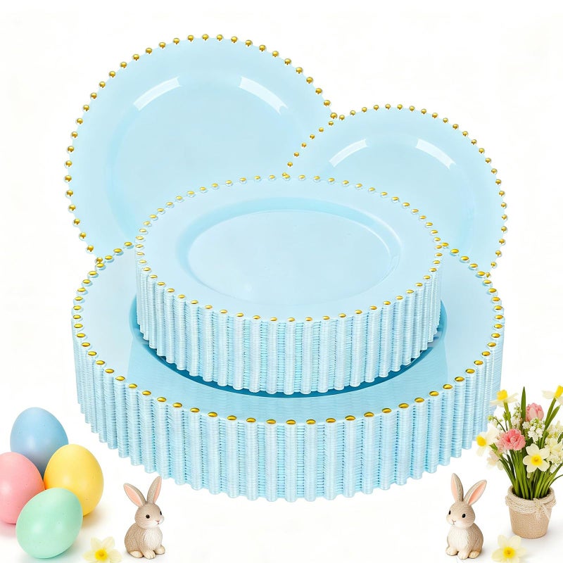 ejonirinjonir EI 60pcs Blue Plastic Plates,Dispoable Heavy Duty Plastic Plates with Gold Rim,Baby Blue 10" Dinner & 7" Dessert Plate,Fancy Elegant Plate for Party,Birthday,Afternoon Tea - Image 1