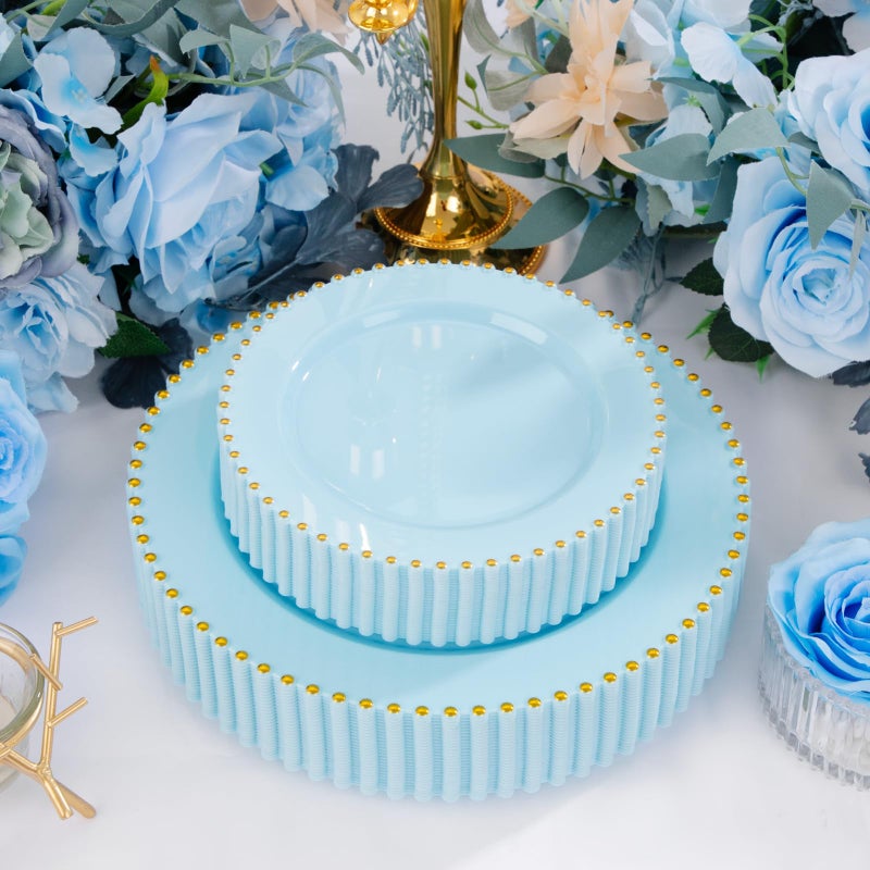 ejonirinjonir EI 60pcs Blue Plastic Plates,Dispoable Heavy Duty Plastic Plates with Gold Rim,Baby Blue 10" Dinner & 7" Dessert Plate,Fancy Elegant Plate for Party,Birthday,Afternoon Tea - Image 5