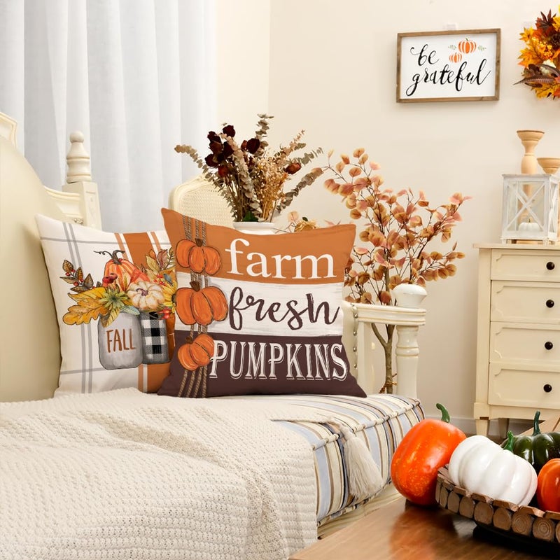 GEEORY GEEORY Fall Pillow Covers 16 x 16 Inch Set of 4  Happy Fall Y'all Stripes Pumpkins Mason Jar Thankful Decor  Cushion Cases for Farmhouse Home Party Sofa Couch (Brown) G355-16 - Image 3