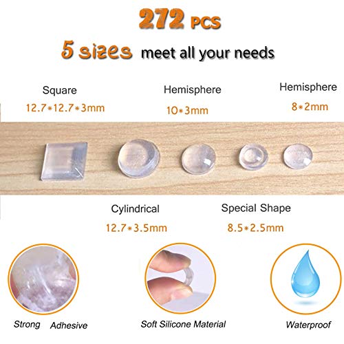Rui Cabinet Door Bumpers Clear Self Adhesive Noise Dampening Bumper Pads 272Pcs Silicone Rubber Bumpers for Drawers Picture Frames Cutting Board and Furniture Surface Protection 5 Sizes Pack - Image 2