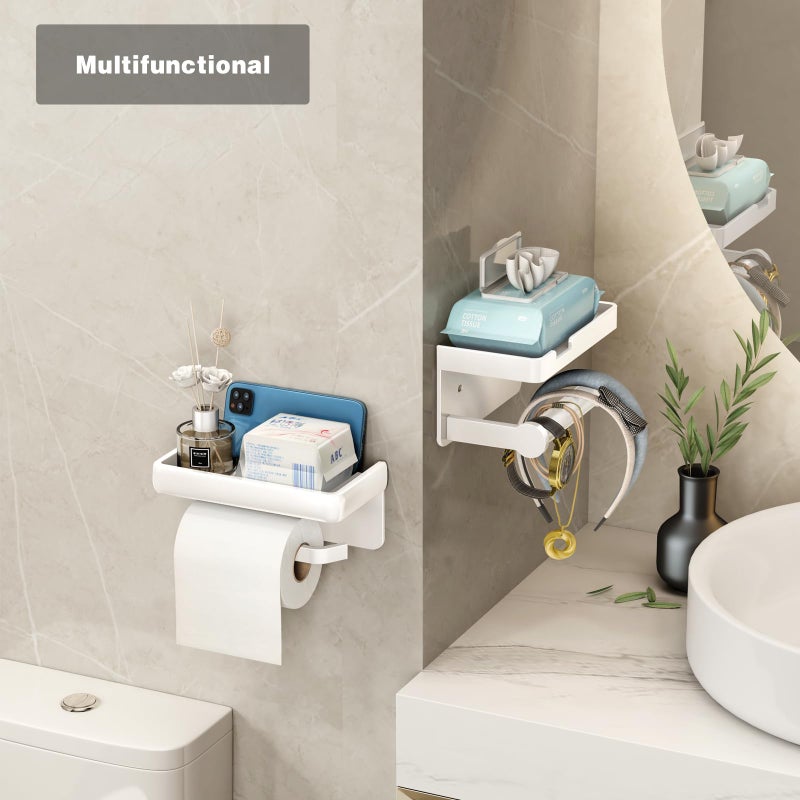 VOLDRA Toilet Paper Holder with Phone Shelf  Self-Adhesive or Screw Toilet Tissue Roll Holder Wall Mount  Rustproof & Multifunctional Bathroom Toilet Paper Holder Storage Dispenser(White) - Image 3