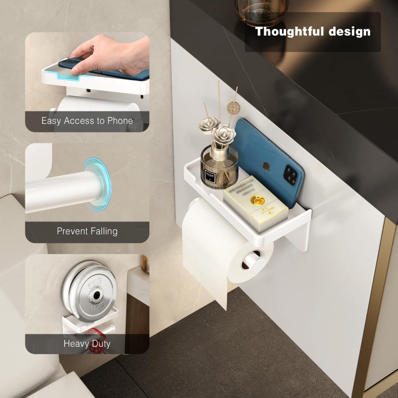 VOLDRA Toilet Paper Holder with Phone Shelf  Self-Adhesive or Screw Toilet Tissue Roll Holder Wall Mount  Rustproof & Multifunctional Bathroom Toilet Paper Holder Storage Dispenser(White) - Image 2