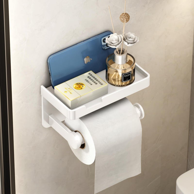 VOLDRA Toilet Paper Holder with Phone Shelf  Self-Adhesive or Screw Toilet Tissue Roll Holder Wall Mount  Rustproof & Multifunctional Bathroom Toilet Paper Holder Storage Dispenser(White) - Image 1