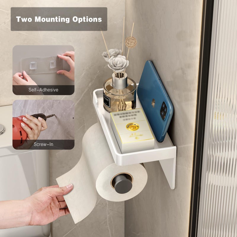 VOLDRA Toilet Paper Holder with Phone Shelf  Self-Adhesive or Screw Toilet Tissue Roll Holder Wall Mount  Rustproof & Multifunctional Bathroom Toilet Paper Holder Storage Dispenser(White) - Image 4
