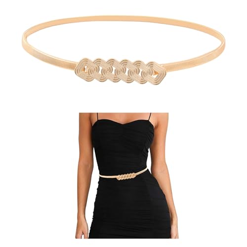 E-Clover 6 Loops Belts for Women Gold Waist Skinny Stretch Belt for Dresses Metal Waistband - Image 1